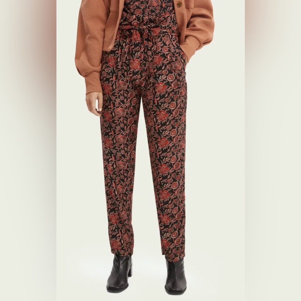 SCOTCH & SODA Sm Hi Rise Paper Bag Waist Black Orange Satiny Pants Tie Belt